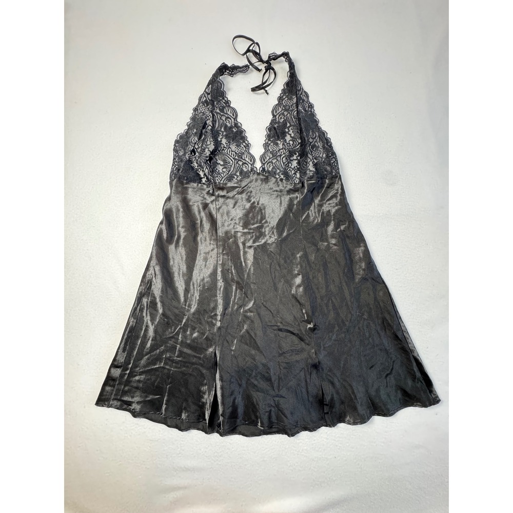 Gothic Fredericks of Hollywood Womens Large Chemise Black Satin Lace Halter Slit